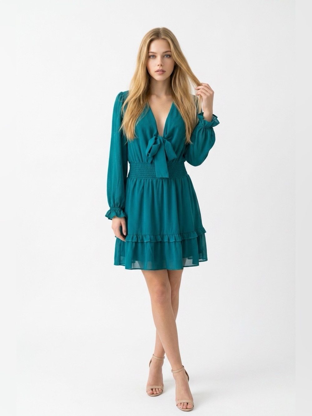 Teal Long-Sleeve Tie-Neck Mini Dress